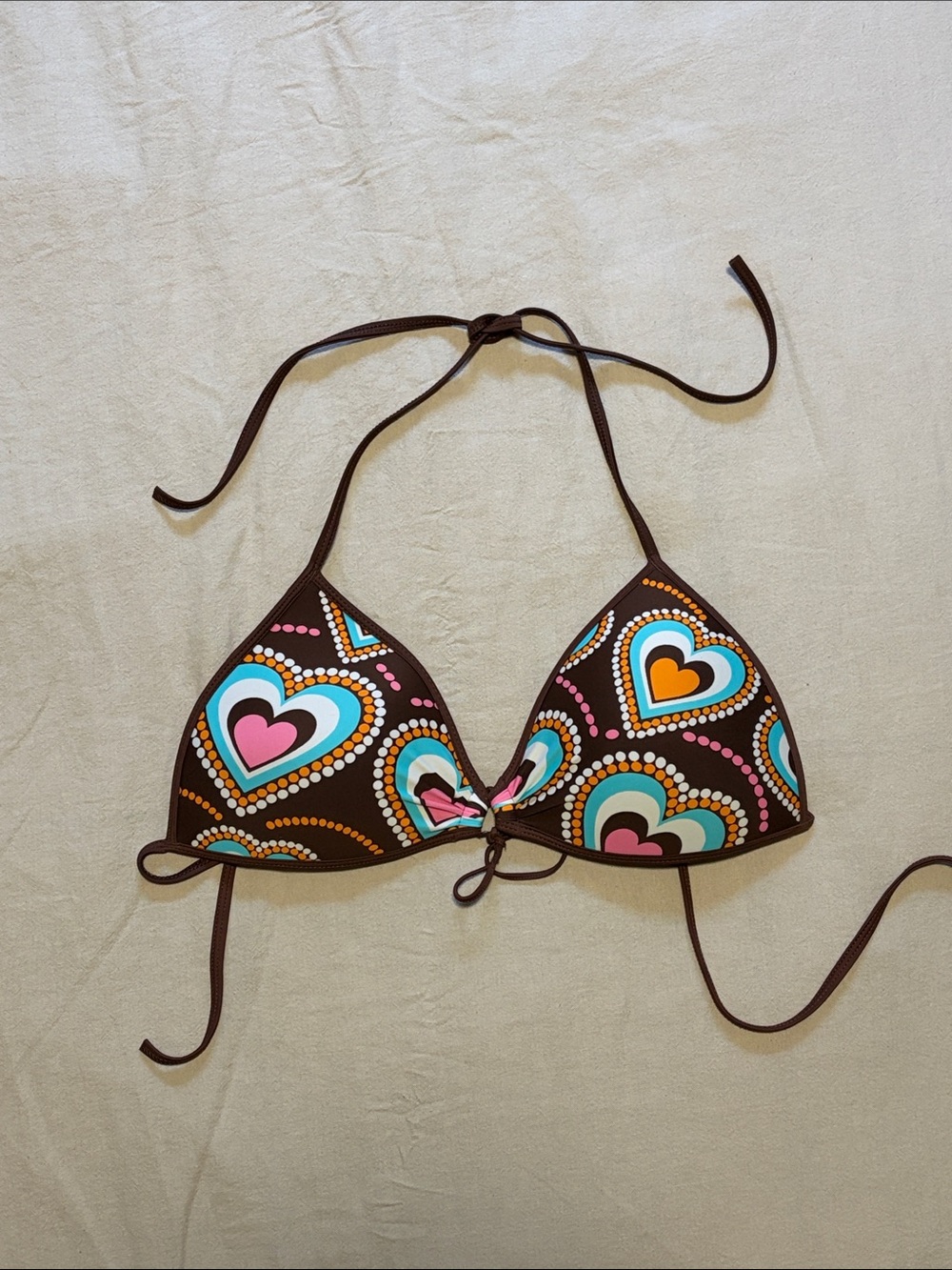 Body Glove Brown Triangle Bikini Top with  Y2K Multicolor Heart Print